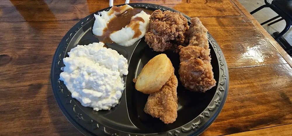 Fried Chicken One Fish Plank Mashed Potatoes with Gravy and Cottage Cheese